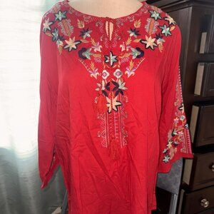 RAJ  beautiful LARGE red embroidered TUNIC TOP New! Valentines Day top